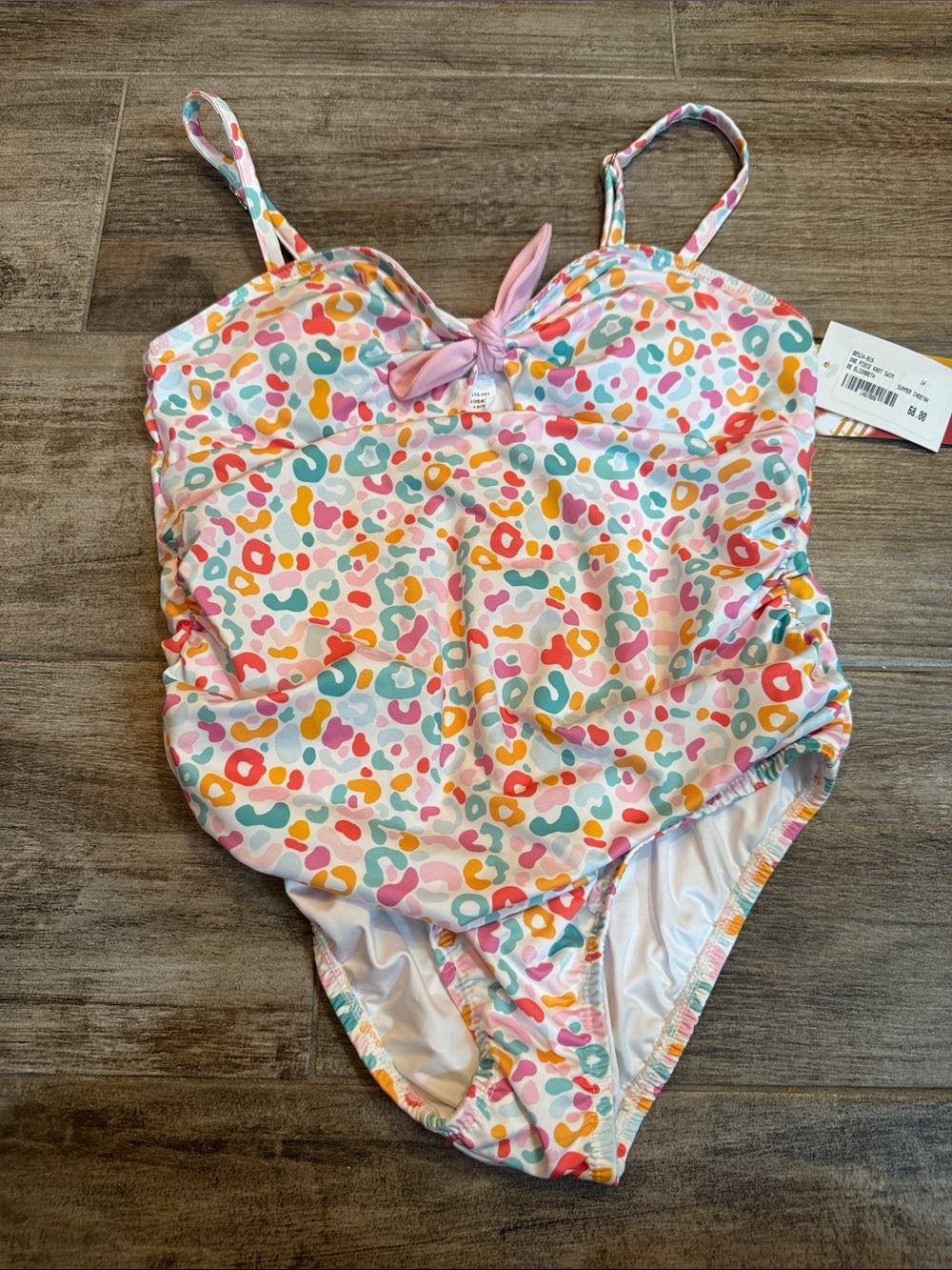 Girls' Multicolor Leopard Spot One-Piece Swimsuit with Pink Bow